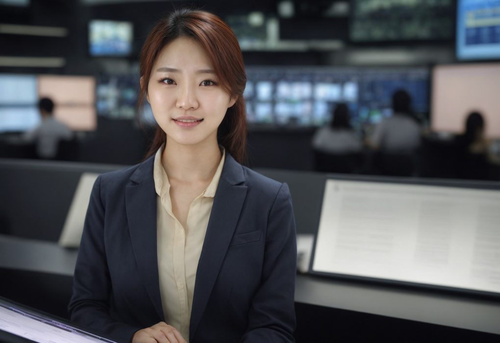 Woman reviewing KBS World content updates on a tablet at a broadcasting studio desk