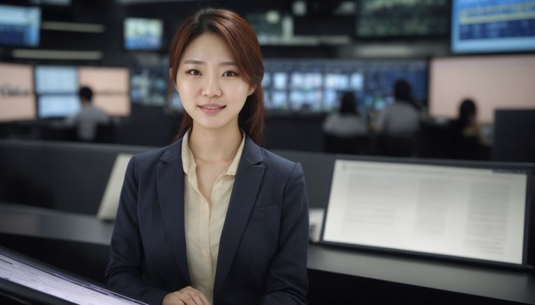 Woman reviewing KBS World content updates on a tablet at a broadcasting studio desk