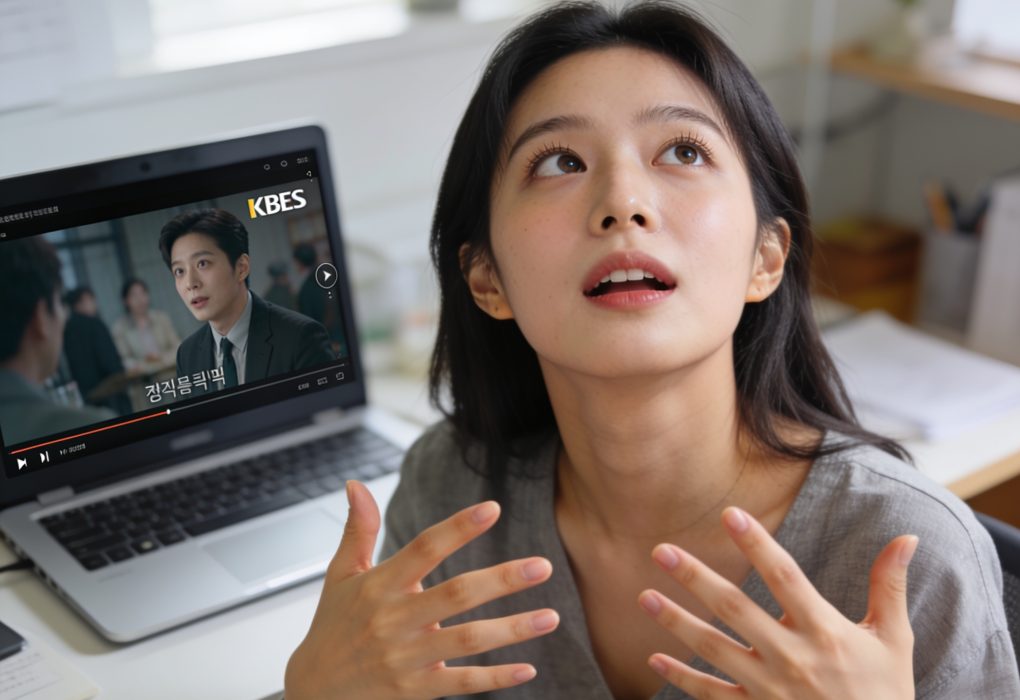 Young woman watching KBS drama on laptop