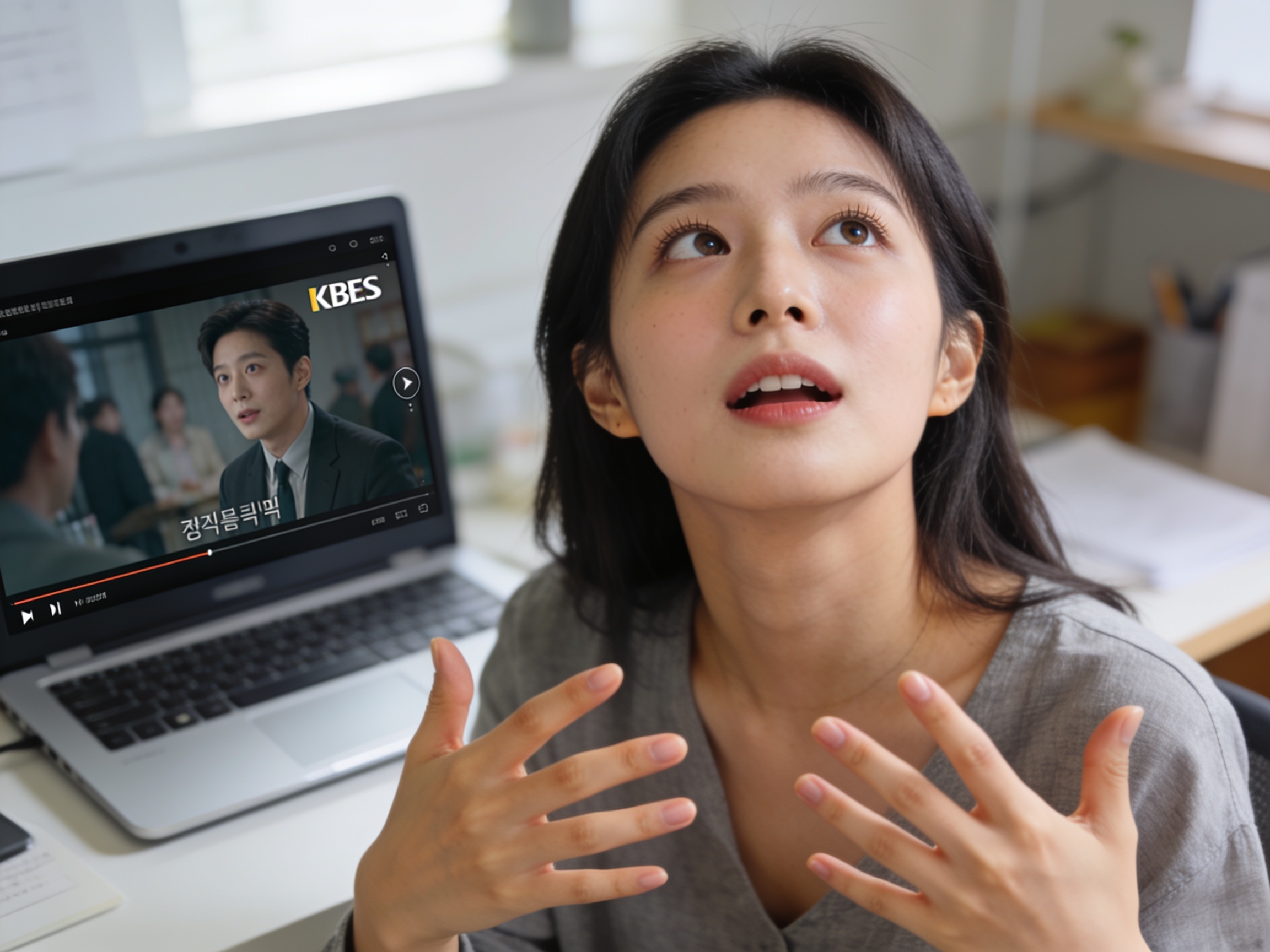Young woman watching KBS drama on laptop