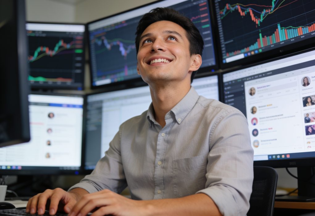 Media analyst reviewing viral content data on screens