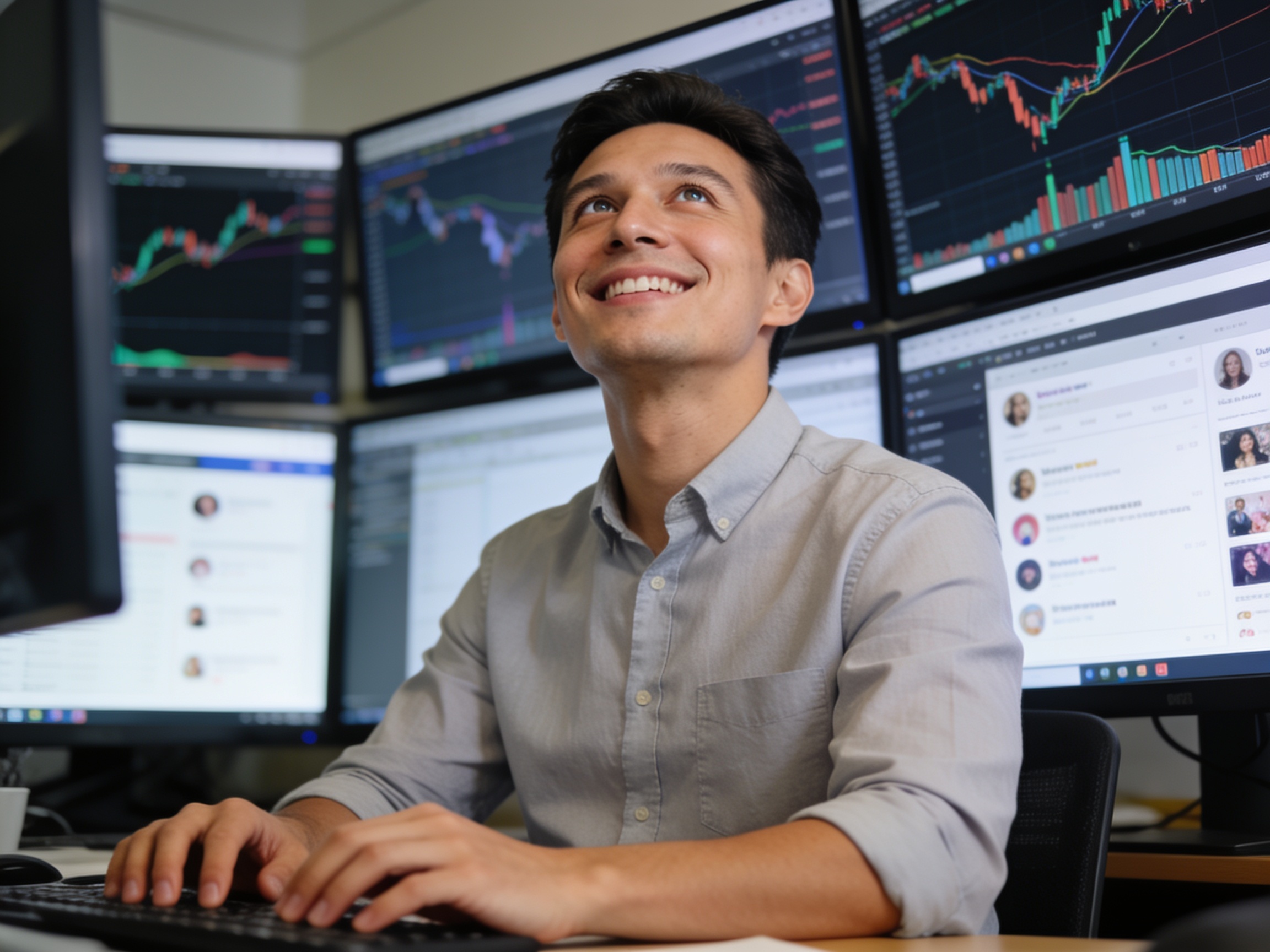 Media analyst reviewing viral content data on screens
