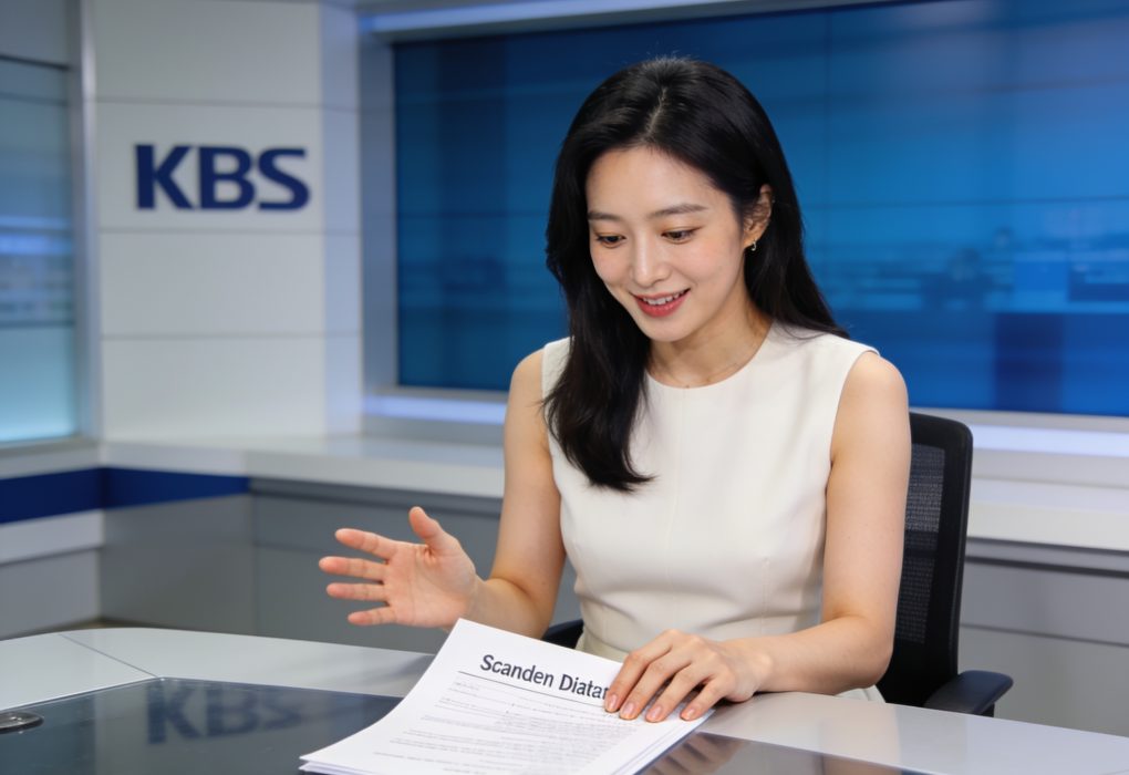 South Korean news anchor reviewing documents regarding KBS World entertainment scandals in a studio.
