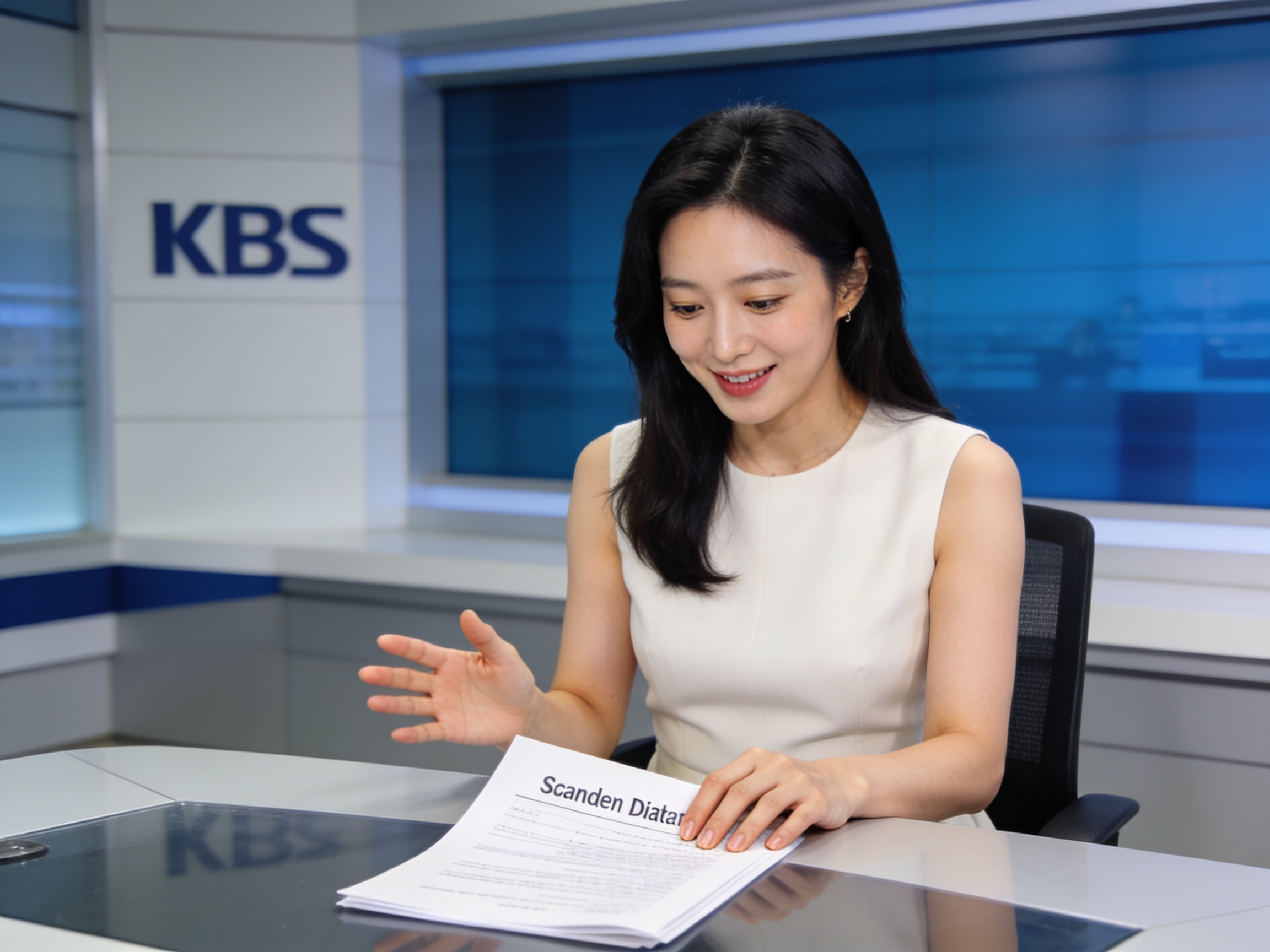 South Korean news anchor reviewing documents regarding KBS World entertainment scandals in a studio.