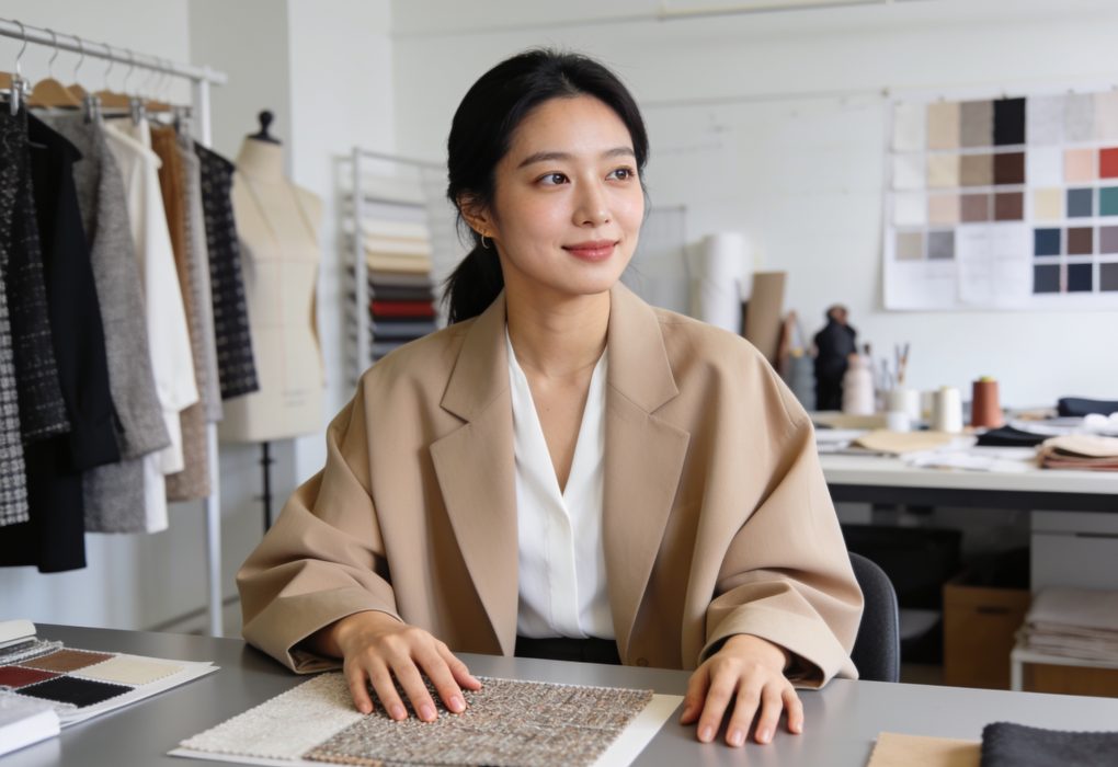 Korean fashion designer examining fabric swatches for trending Korean fashion styles.