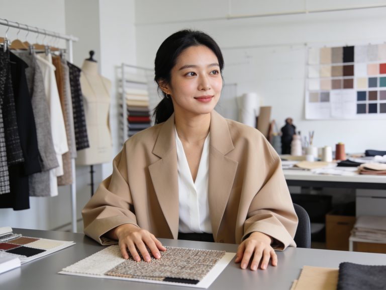 Korean fashion designer examining fabric swatches for trending Korean fashion styles.