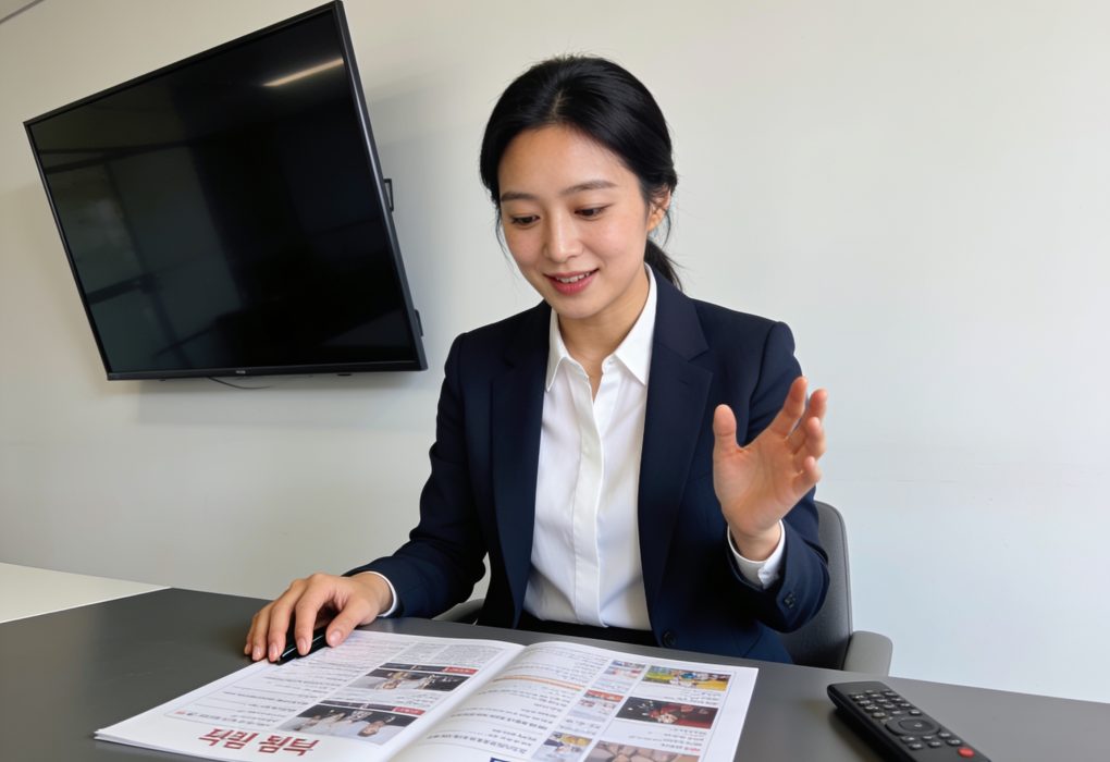 Viewer reviewing KBS World cultural content schedule on entertainment program guide at desk