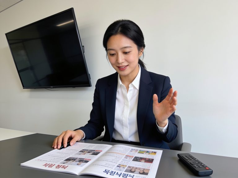 Viewer reviewing KBS World cultural content schedule on entertainment program guide at desk