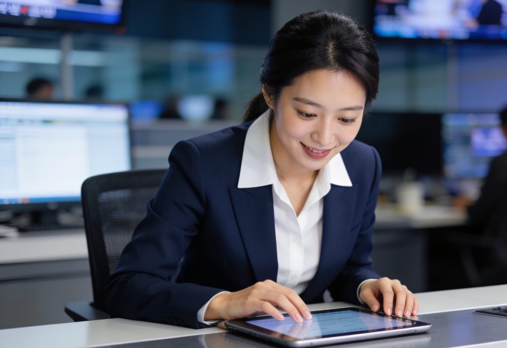 A Korean professional reviewing content schedules on a tablet for KBS World entertainment news updates.