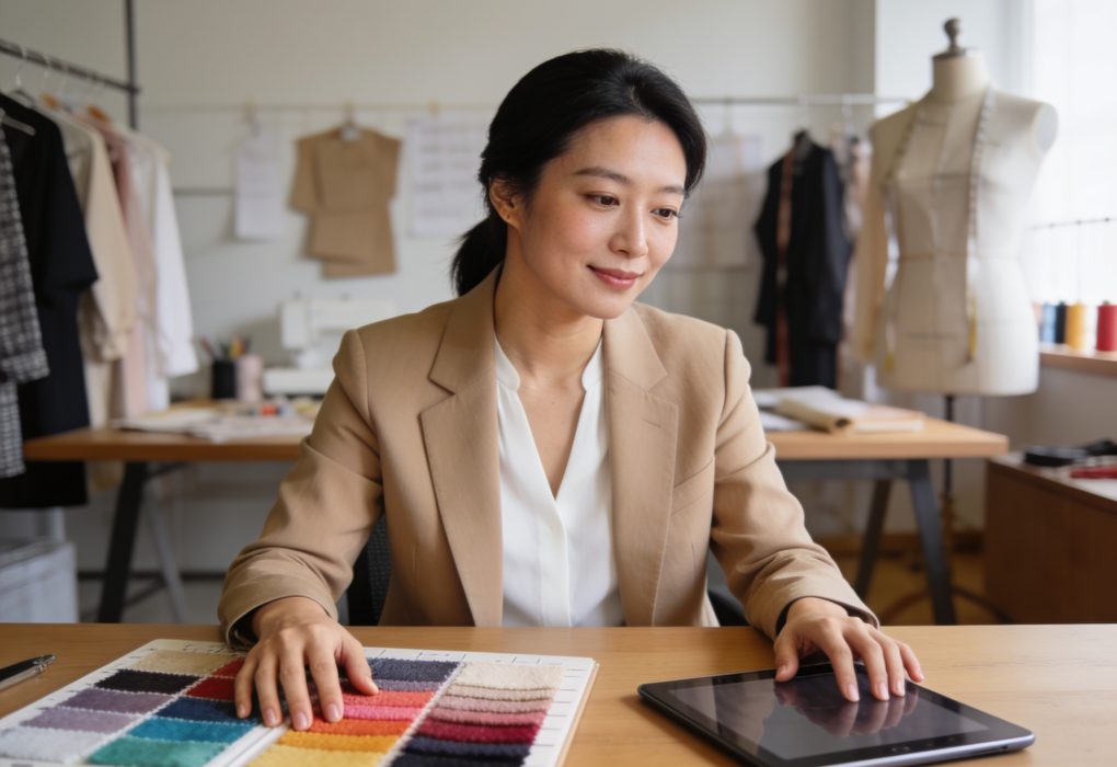 Korean fashion designer analyzing fabric samples for the latest Korean drama fashion trends collection