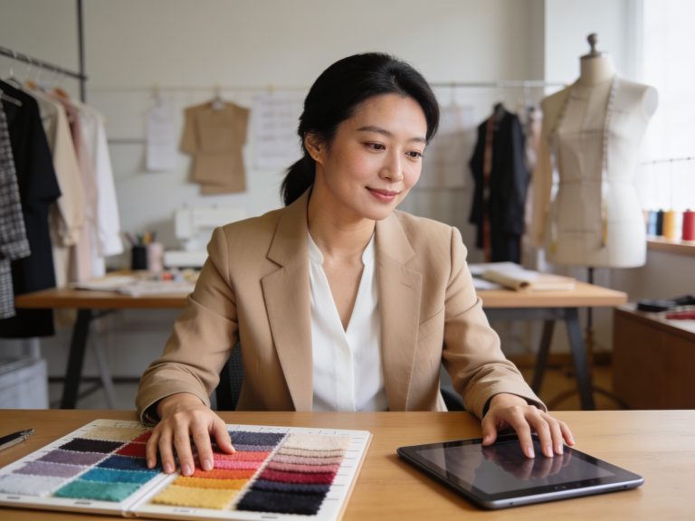 Korean fashion designer analyzing fabric samples for the latest Korean drama fashion trends collection