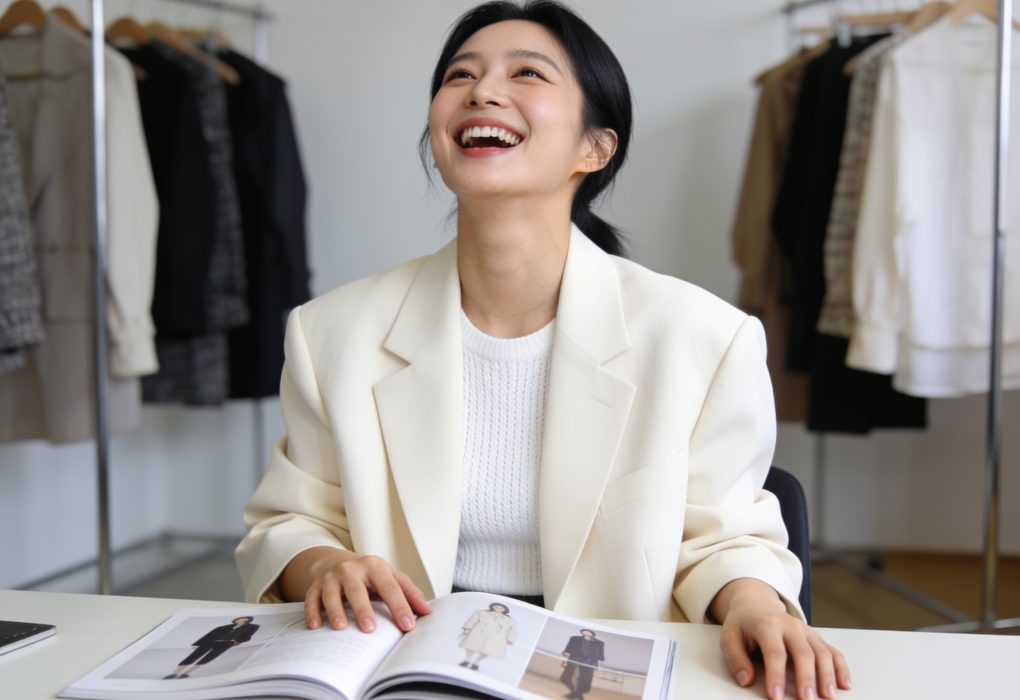 Korean woman reviewing fashion lookbook featuring popular Korean fashion styles for 2024