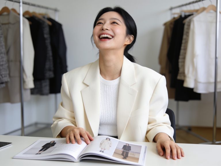 Korean woman reviewing fashion lookbook featuring popular Korean fashion styles for 2024