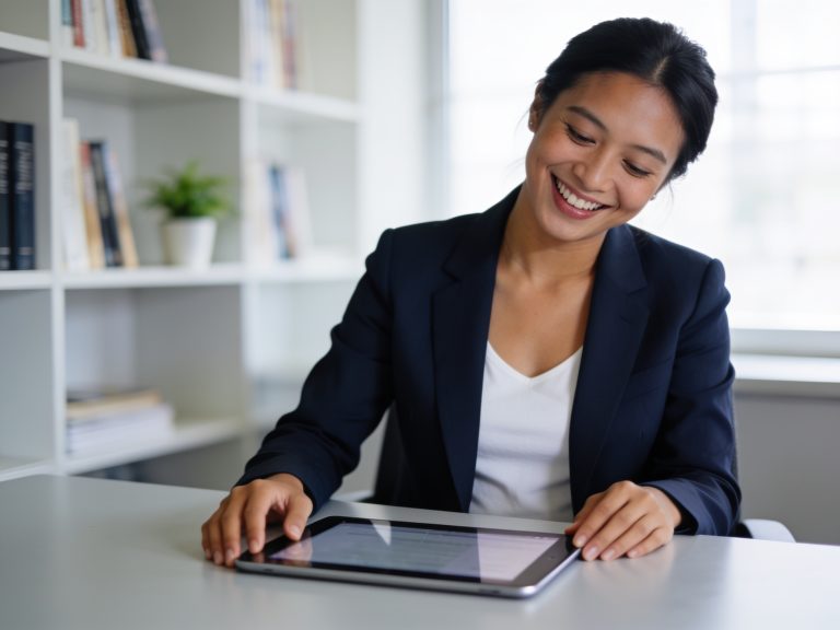 Woman analyzing viral KBS World content statistics on a digital tablet in a modern office environment.